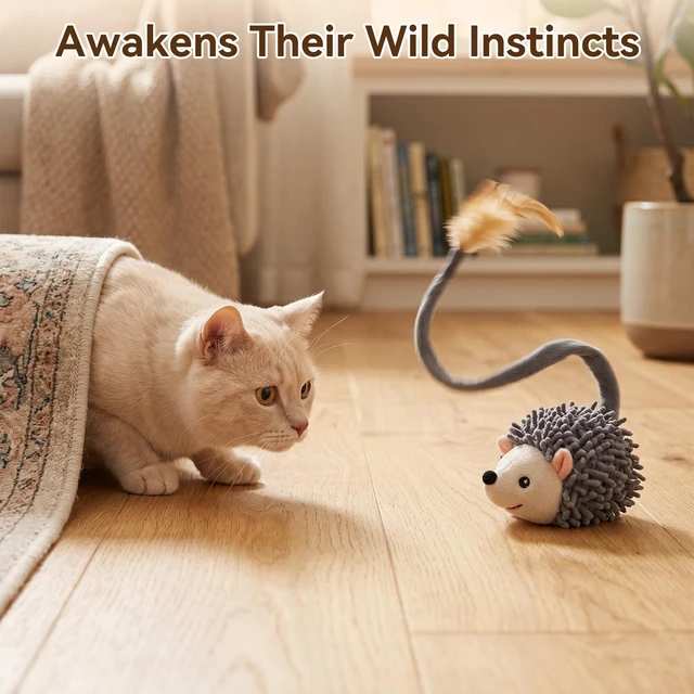 Alt view image 3 of 7 - Interactive Hedgehog Cat Toy 360° Rolling & Spin with Soft Plush Tail for Indoor Cats Smart Motion Sensor, Realistic Squeak, Rechargeable Plush Kitten Toy (Grey)