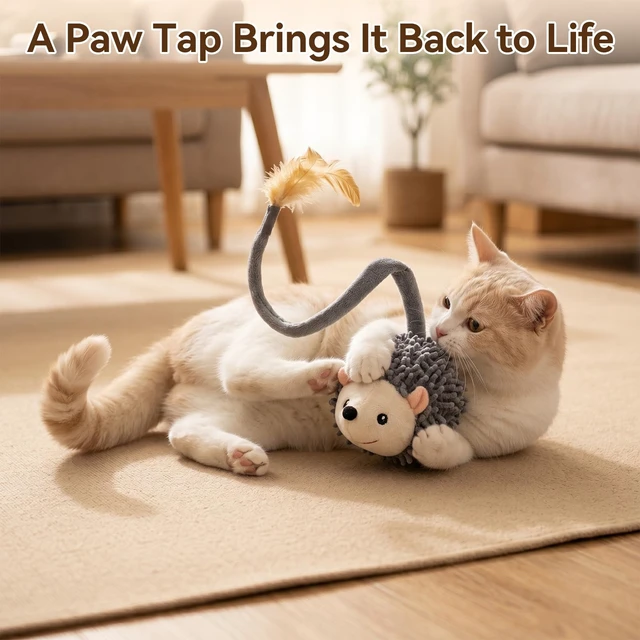 Alt view image 4 of 7 - Interactive Hedgehog Cat Toy 360° Rolling & Spin with Soft Plush Tail for Indoor Cats Smart Motion Sensor, Realistic Squeak, Rechargeable Plush Kitten Toy (Grey)