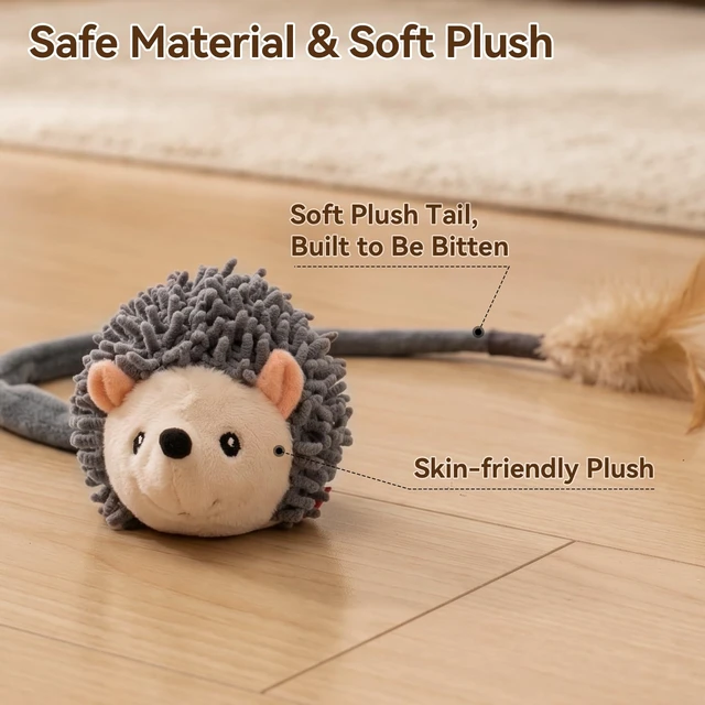 Alt view image 6 of 7 - Interactive Hedgehog Cat Toy 360° Rolling & Spin with Soft Plush Tail for Indoor Cats Smart Motion Sensor, Realistic Squeak, Rechargeable Plush Kitten Toy (Grey)