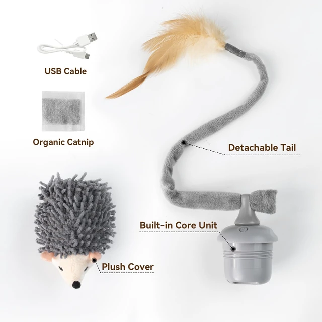 Alt view image 7 of 7 - Interactive Hedgehog Cat Toy 360° Rolling & Spin with Soft Plush Tail for Indoor Cats Smart Motion Sensor, Realistic Squeak, Rechargeable Plush Kitten Toy (Grey)
