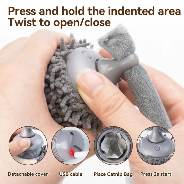 Alt view image 5 of 7 - Interactive Hedgehog Cat Toy 360° Rolling & Spin with Soft Plush Tail for Indoor Cats Smart Motion Sensor, Realistic Squeak, Rechargeable Plush Kitten Toy (Grey)