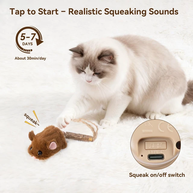 Alt view image 3 of 7 - Interactive MigiMouse Cat Toy 360° Rolling & Spin with Wiggling Tail for Indoor Cats Smart Motion Sensor, Realistic Squeak, Rechargeable Plush Kitten Toy (Brown)