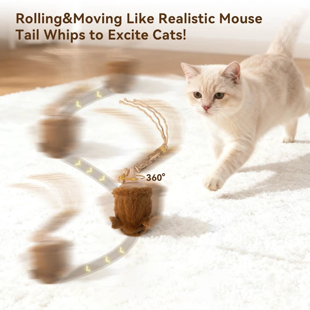 Alt view image 2 of 7 - Interactive MigiMouse Cat Toy 360° Rolling & Spin with Wiggling Tail for Indoor Cats Smart Motion Sensor, Realistic Squeak, Rechargeable Plush Kitten Toy (Brown)