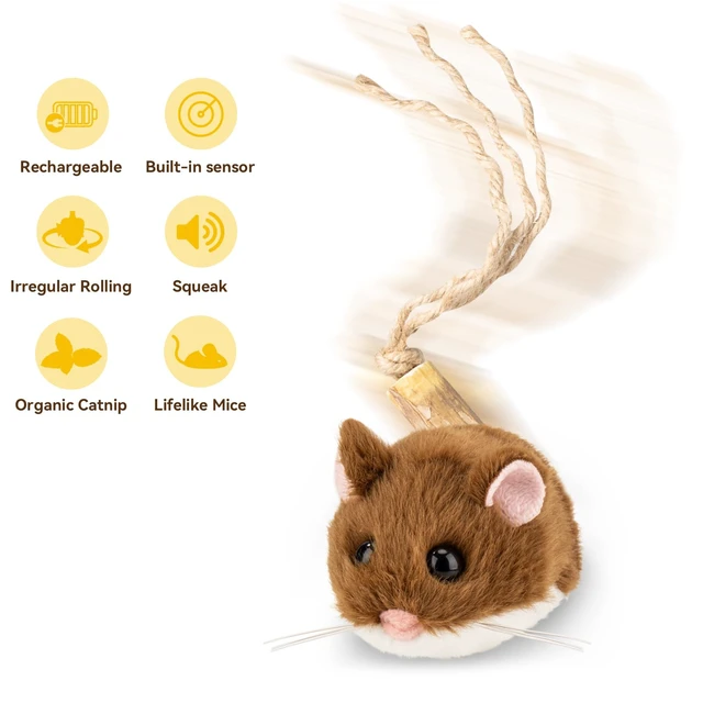 Alt view image 4 of 7 - Interactive MigiMouse Cat Toy 360° Rolling & Spin with Wiggling Tail for Indoor Cats Smart Motion Sensor, Realistic Squeak, Rechargeable Plush Kitten Toy (Brown)
