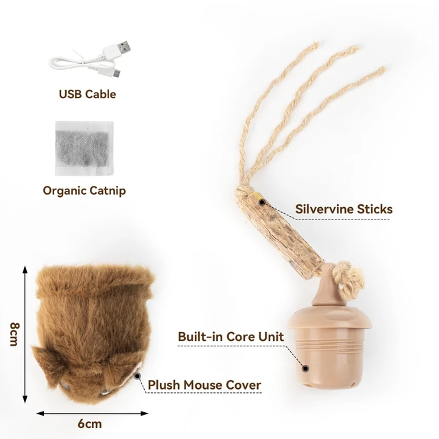 Alt view image 7 of 7 - Interactive MigiMouse Cat Toy 360° Rolling & Spin with Wiggling Tail for Indoor Cats Smart Motion Sensor, Realistic Squeak, Rechargeable Plush Kitten Toy (Brown)