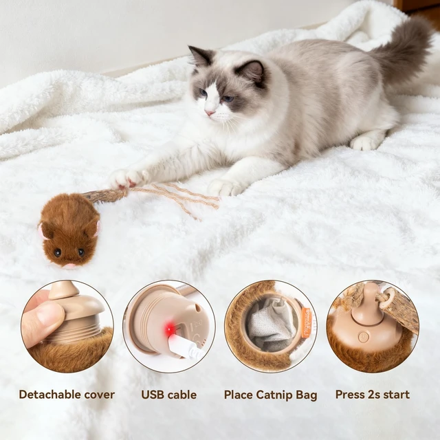 Alt view image 6 of 7 - Interactive MigiMouse Cat Toy 360° Rolling & Spin with Wiggling Tail for Indoor Cats Smart Motion Sensor, Realistic Squeak, Rechargeable Plush Kitten Toy (Brown)