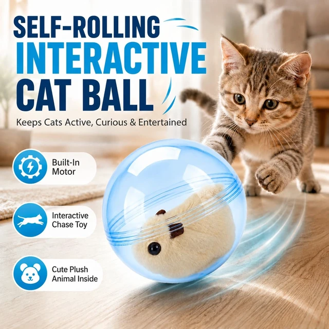 Alt view image 2 of 7 - Self Rolling Interactive Cat Ball Smart Cat Ball Toy | 360° Animal Design Automatic Moving Pet Ball, Fun Indoor Interactive Chasing Exercise Toy for Cats and Small Dogs