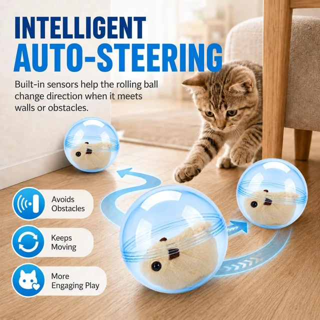 Alt view image 4 of 7 - Self Rolling Interactive Cat Ball Smart Cat Ball Toy | 360° Animal Design Automatic Moving Pet Ball, Fun Indoor Interactive Chasing Exercise Toy for Cats and Small Dogs