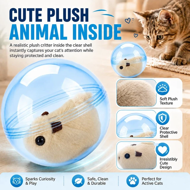 Alt view image 5 of 7 - Self Rolling Interactive Cat Ball Smart Cat Ball Toy | 360° Animal Design Automatic Moving Pet Ball, Fun Indoor Interactive Chasing Exercise Toy for Cats and Small Dogs