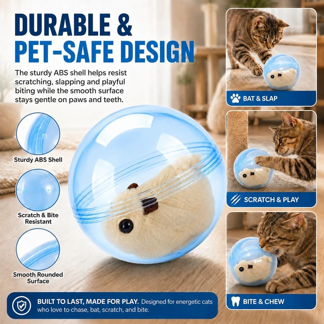 Alt view image 6 of 7 - Self Rolling Interactive Cat Ball Smart Cat Ball Toy | 360° Animal Design Automatic Moving Pet Ball, Fun Indoor Interactive Chasing Exercise Toy for Cats and Small Dogs