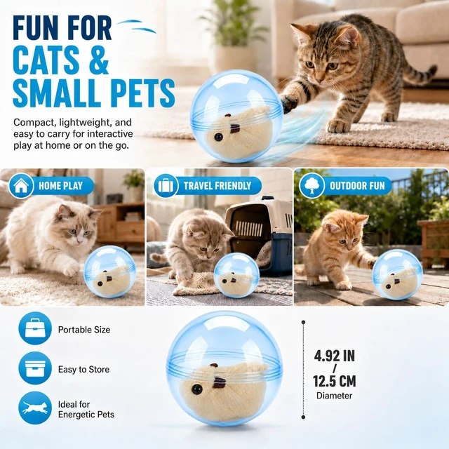 Alt view image 7 of 7 - Self Rolling Interactive Cat Ball Smart Cat Ball Toy | 360° Animal Design Automatic Moving Pet Ball, Fun Indoor Interactive Chasing Exercise Toy for Cats and Small Dogs