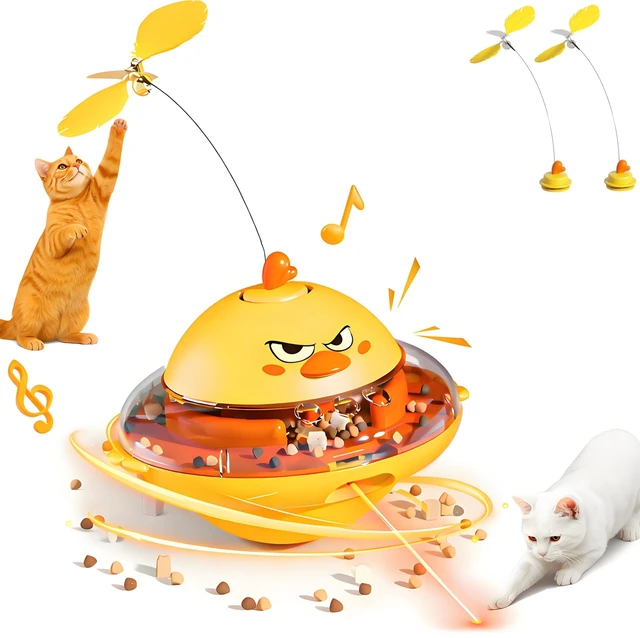 Main image of Interactive Cat Toy for Indoor Cats with Laser, Feather&Treat Dispenser | Keep Bored Cats Active, 4-in-1 Interactive Wobbling Toys with Bird Sounds, Spinning Butterflies, Safe ABS & Auto-off