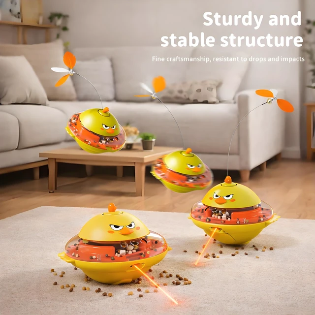 Alt view image 4 of 7 - Interactive Cat Toy for Indoor Cats with Laser, Feather&Treat Dispenser | Keep Bored Cats Active, 4-in-1 Interactive Wobbling Toys with Bird Sounds, Spinning Butterflies, Safe ABS & Auto-off