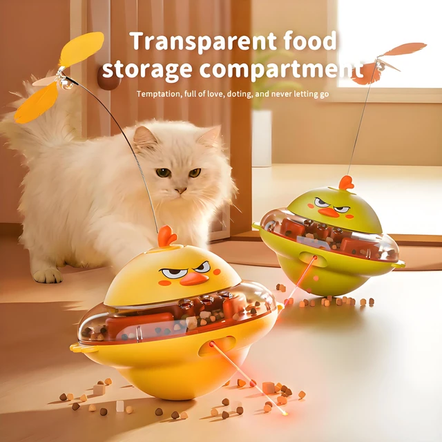 Alt view image 7 of 7 - Interactive Cat Toy for Indoor Cats with Laser, Feather&Treat Dispenser | Keep Bored Cats Active, 4-in-1 Interactive Wobbling Toys with Bird Sounds, Spinning Butterflies, Safe ABS & Auto-off