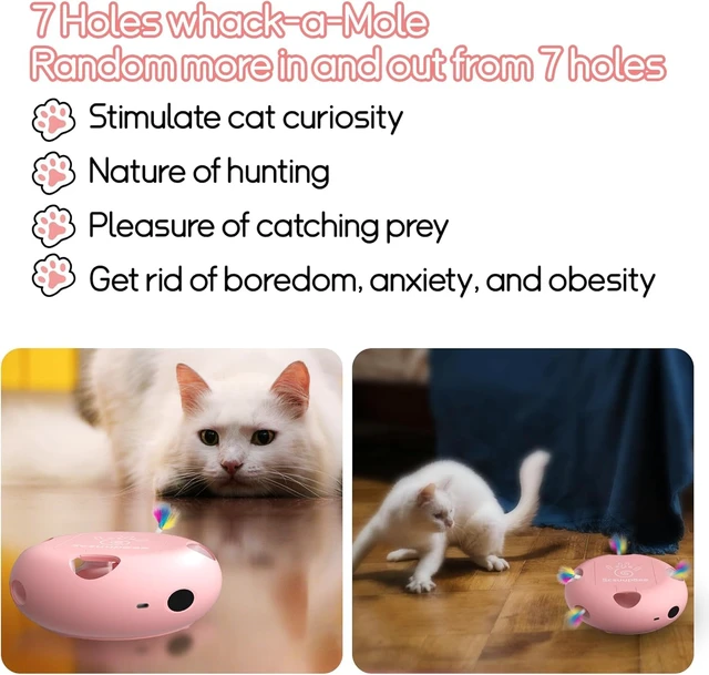 Alt view image 6 of 7 - Interactive Cat Toy, Pink | Electric for Moving Concealed Feathers, Smart Sensor 7 Holes Whack a Mole Feather Toy, USB Charge Automatic