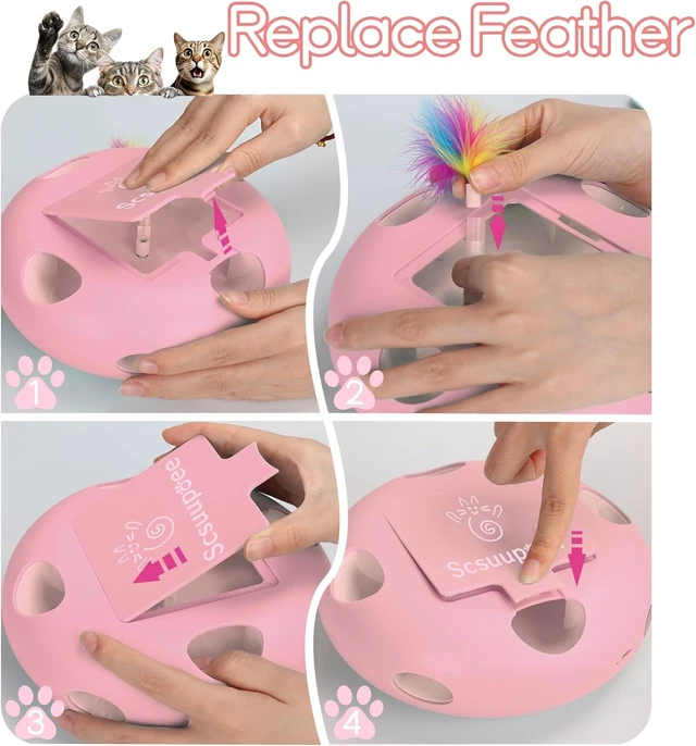 Alt view image 7 of 7 - Interactive Cat Toy, Pink | Electric for Moving Concealed Feathers, Smart Sensor 7 Holes Whack a Mole Feather Toy, USB Charge Automatic