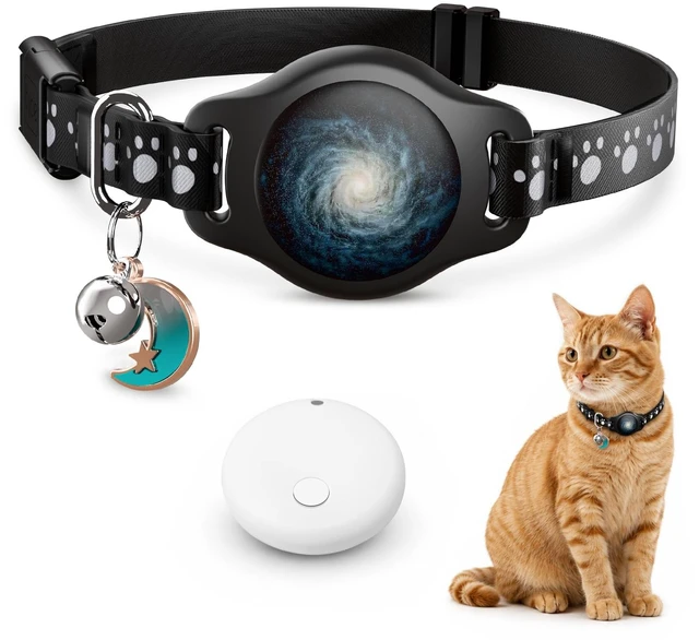 Main image of Cat Tracker Collar with Finder Tag - Waterproof Airtag Cat Collar, Black | Breakaway with Reflective Pattern & Bell, 8-12", Compatible with Apple Find My (iOS ONLY Not for Android Devices)