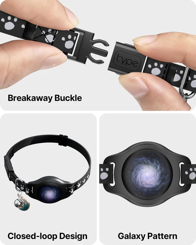 Alt view image 3 of 7 - Cat Tracker Collar with Finder Tag - Waterproof Airtag Cat Collar, Black | Breakaway with Reflective Pattern & Bell, 8-12", Compatible with Apple Find My (iOS ONLY Not for Android Devices)