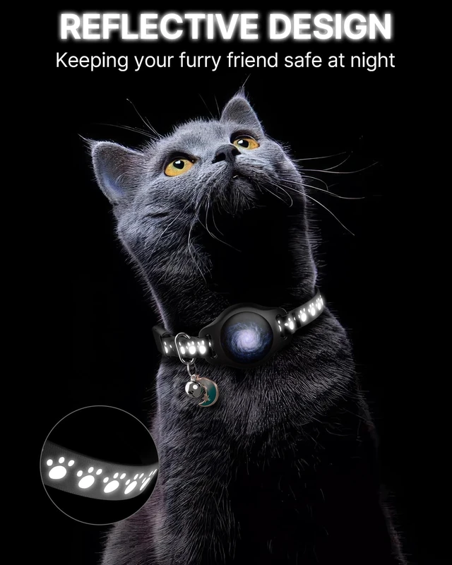 Alt view image 4 of 7 - Cat Tracker Collar with Finder Tag - Waterproof Airtag Cat Collar, Black | Breakaway with Reflective Pattern & Bell, 8-12", Compatible with Apple Find My (iOS ONLY Not for Android Devices)