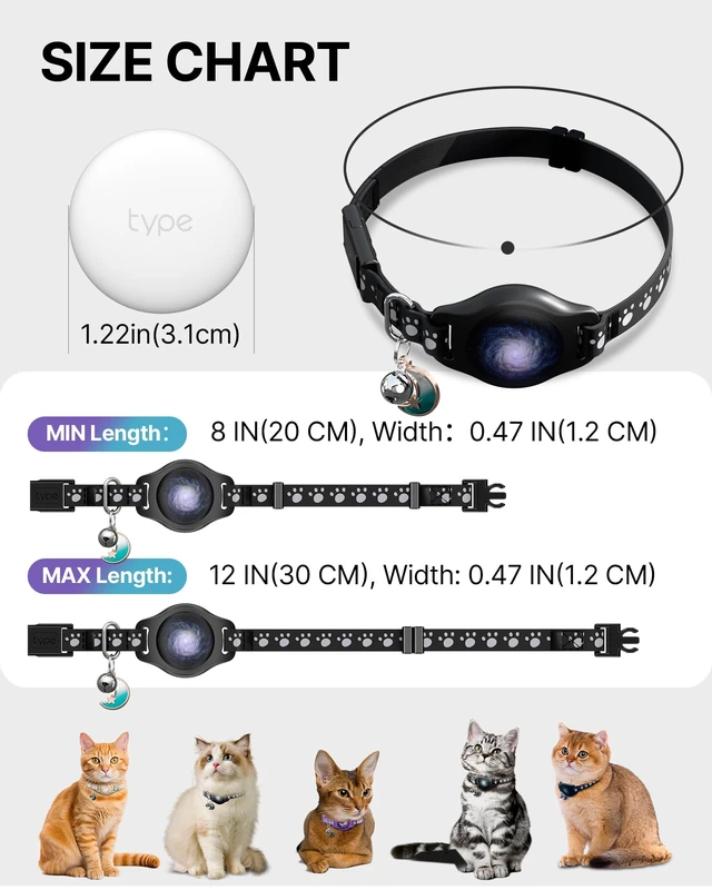 Alt view image 5 of 7 - Cat Tracker Collar with Finder Tag - Waterproof Airtag Cat Collar, Black | Breakaway with Reflective Pattern & Bell, 8-12", Compatible with Apple Find My (iOS ONLY Not for Android Devices)