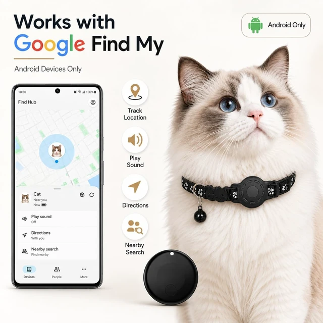 Alt view image 2 of 7 - Pet Tracker,GPS Collar for Cats (Android Only) Smart tag,Waterproof Compatible with Google Find My,Advanced Tracking Solution Smart Collar for Pet Safety Ideal Small Large Cats