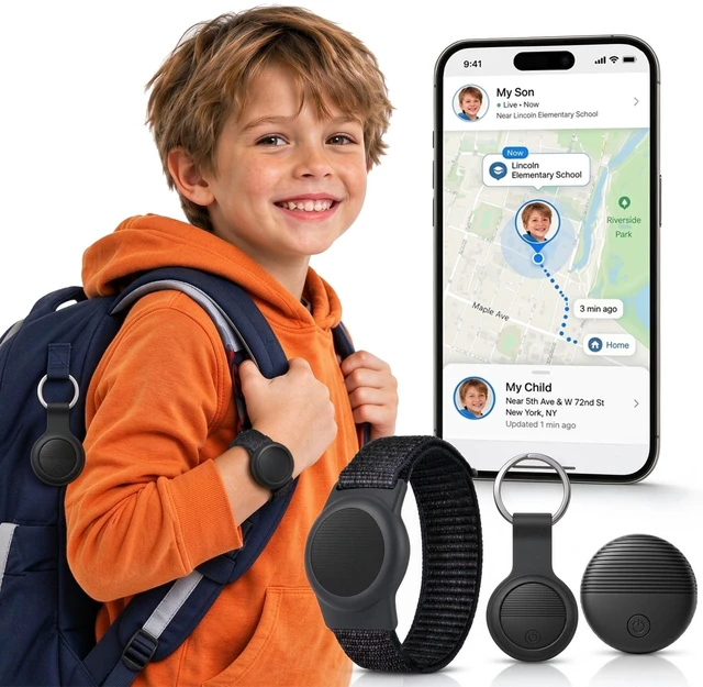 Main image of GPS Tracker for Kids with Real-Time Location Tracking & Family Sharing, Apple & Android Compatible, No Monthly Fees & No SIM Card, Wristband & Keychain Included, IP68 Waterproof, Black