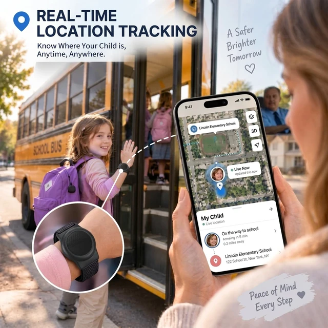 Alt view image 2 of 7 - GPS Tracker for Kids with Real-Time Location Tracking & Family Sharing, Apple & Android Compatible, No Monthly Fees & No SIM Card, Wristband & Keychain Included, IP68 Waterproof, Black