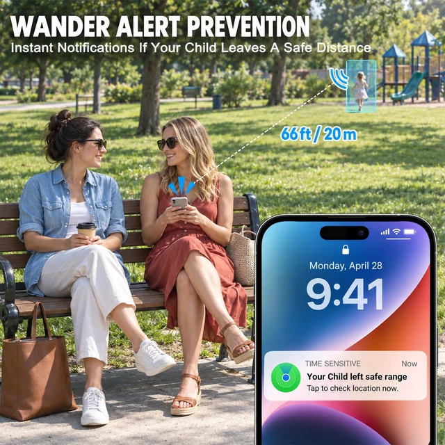 Alt view image 4 of 7 - GPS Tracker for Kids with Real-Time Location Tracking & Family Sharing, Apple & Android Compatible, No Monthly Fees & No SIM Card, Wristband & Keychain Included, IP68 Waterproof, Black