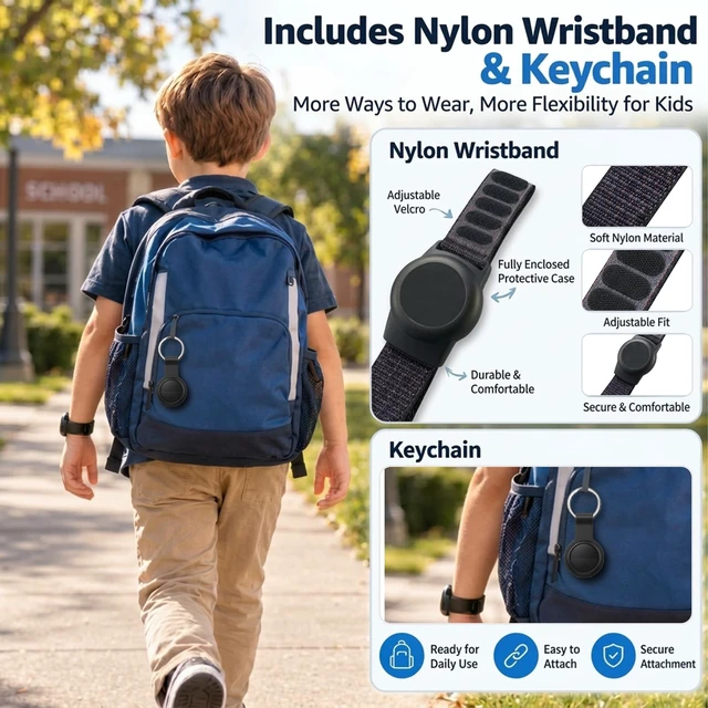Alt view image 6 of 7 - GPS Tracker for Kids with Real-Time Location Tracking & Family Sharing, Apple & Android Compatible, No Monthly Fees & No SIM Card, Wristband & Keychain Included, IP68 Waterproof, Black