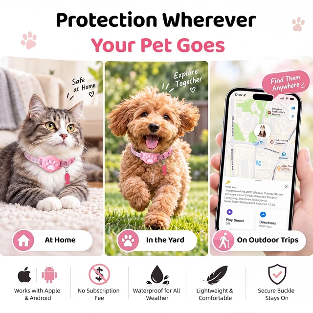 Alt view image 4 of 7 - Pet Tracker Collar for Cats, Smart Collar for Small Dogs with Locator | No Monthly Fee/ SIM Card, Work with IOS & Android, Ultra-Slim, IP68 Waterproof Reliable, 360-Day Battery , Black