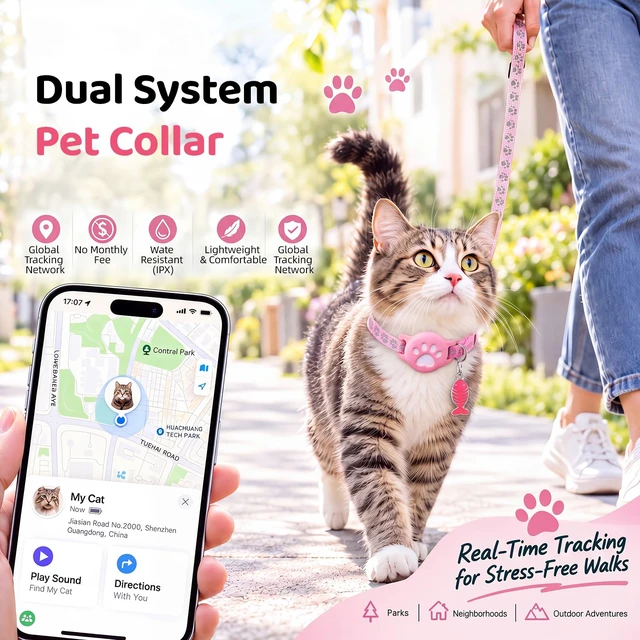 Alt view image 2 of 7 - Pet Tracker Collar for Cats, Smart Collar for Small Dogs with Locator | No Monthly Fee/ SIM Card, Work with IOS & Android, Ultra-Slim, IP68 Waterproof Reliable, 360-Day Battery , Black