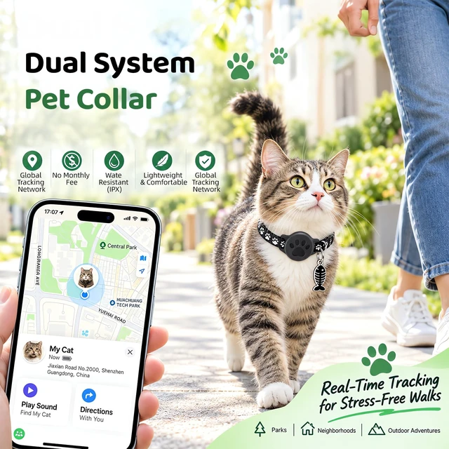Alt view image 2 of 7 - Pet Tracker Collar for Cats, Smart Collar for Small Dogs with Locator | No Monthly Fee/ SIM Card, Work with IOS & Android, Ultra-Slim, IP68 Waterproof Reliable, 360-Day Battery , Black