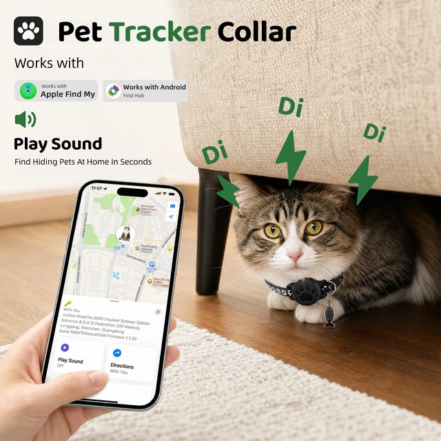 Alt view image 5 of 7 - Pet Tracker Collar for Cats, Smart Collar for Small Dogs with Locator | No Monthly Fee/ SIM Card, Work with IOS & Android, Ultra-Slim, IP68 Waterproof Reliable, 360-Day Battery , Black
