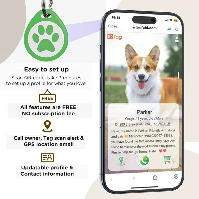 Alt view image 5 of 7 - Dog Tags Personalized, QR Code Pet ID Tag, Pet Online Profile | Scan QR Code for Send Location, Cat/Dogs Name Tag Personalized, Custom Dog Tags with Small Bell (Green)