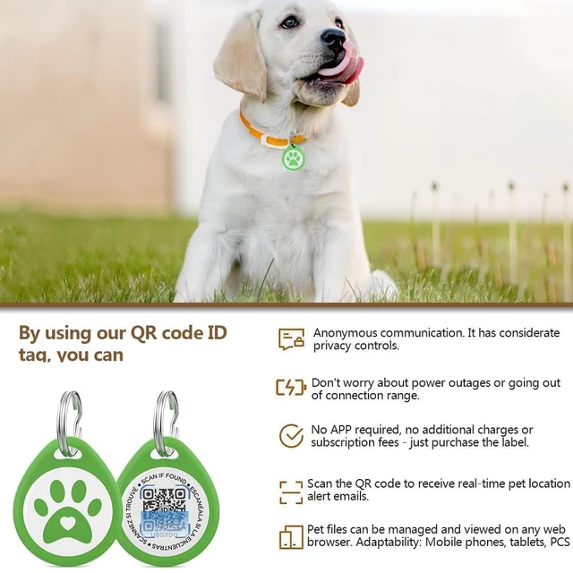 Alt view image 2 of 7 - Dog Tags Personalized, QR Code Pet ID Tag, Pet Online Profile | Scan QR Code for Send Location, Cat/Dogs Name Tag Personalized, Custom Dog Tags with Small Bell (Green)