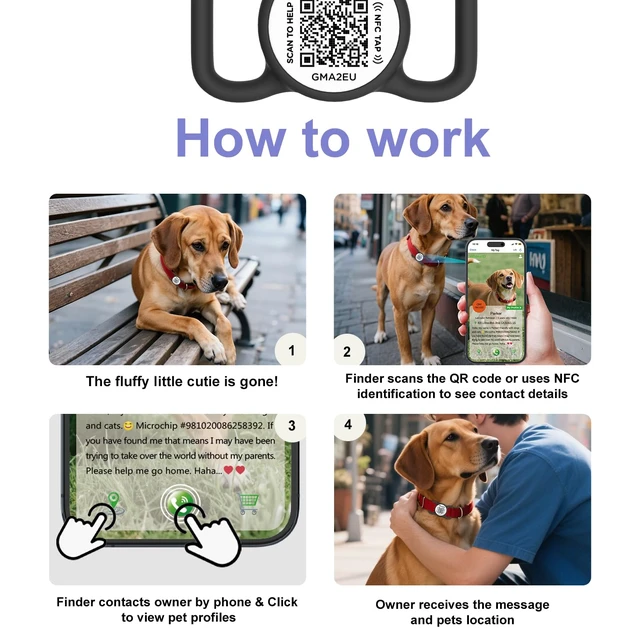 Alt view image 5 of 7 - QR Code Dog Tag with NFC, Personalized Pet ID Tag, Silicone Dog ID Tag, Modifiable Pet Online Profile, Multiple Emergency Contact, Scan QR Code Send GPS Location Email (Small, Black&White)