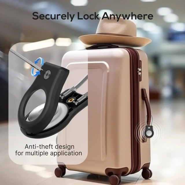 Alt view image 3 of 7 - Air Tag Holder - (4 Pack) Air tag Lock Keychain with Wire Cable Compatible with Apple AirTag,Ultra Durable Anti-Lost Protective Case with Keyring for Luggage, Key, Backpack, Pet, Bag, Black