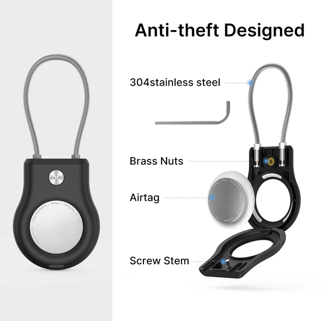 Alt view image 2 of 7 - Air Tag Holder - (4 Pack) Air tag Lock Keychain with Wire Cable Compatible with Apple AirTag,Ultra Durable Anti-Lost Protective Case with Keyring for Luggage, Key, Backpack, Pet, Bag, Black