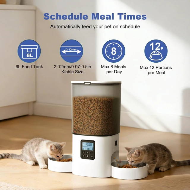 Alt view image 2 of 7 - 6L Automatic Cat Feeder, 2 Pets Timed Cat Dry Food Dispenser | Sealed Ring,10s Voice Recorder,8 Meals daily,Precise Portion,Dual Power Supply,Power-off Memory, Stainless Steel Tray