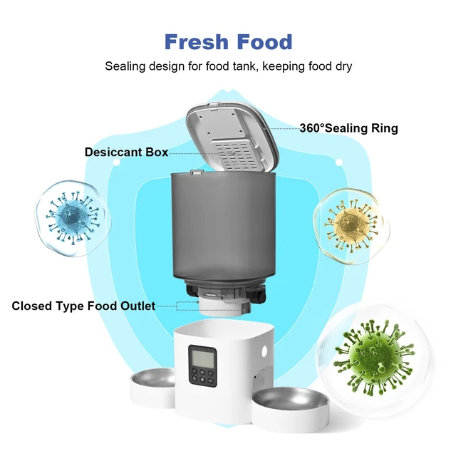 Alt view image 3 of 7 - 6L Automatic Cat Feeder, 2 Pets Timed Cat Dry Food Dispenser | Sealed Ring,10s Voice Recorder,8 Meals daily,Precise Portion,Dual Power Supply,Power-off Memory, Stainless Steel Tray