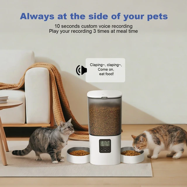 Alt view image 6 of 7 - 6L Automatic Cat Feeder, 2 Pets Timed Cat Dry Food Dispenser | Sealed Ring,10s Voice Recorder,8 Meals daily,Precise Portion,Dual Power Supply,Power-off Memory, Stainless Steel Tray