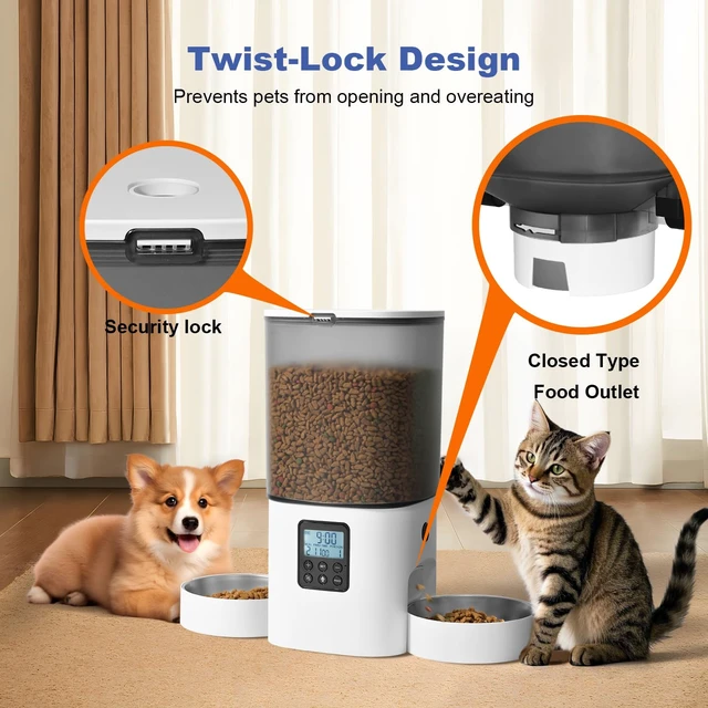 Alt view image 7 of 7 - 6L Automatic Cat Feeder, 2 Pets Timed Cat Dry Food Dispenser | Sealed Ring,10s Voice Recorder,8 Meals daily,Precise Portion,Dual Power Supply,Power-off Memory, Stainless Steel Tray
