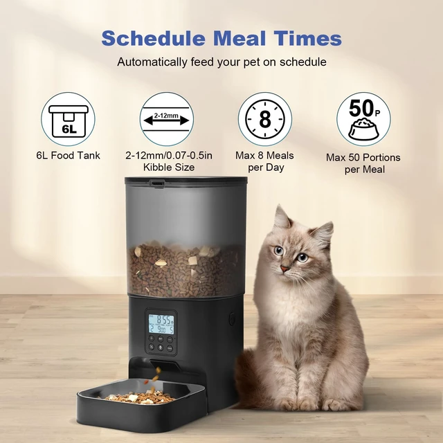 Alt view image 2 of 7 - Automatic Cat Feeder, Timed CatDog Dry Food Dispenser | 6L,Easy to Setup&Clean,Sealed Ring,10s Voice Recorder,8 Meals daily,Precise Portion,Dual Power Supply,Stainless Steel Tray