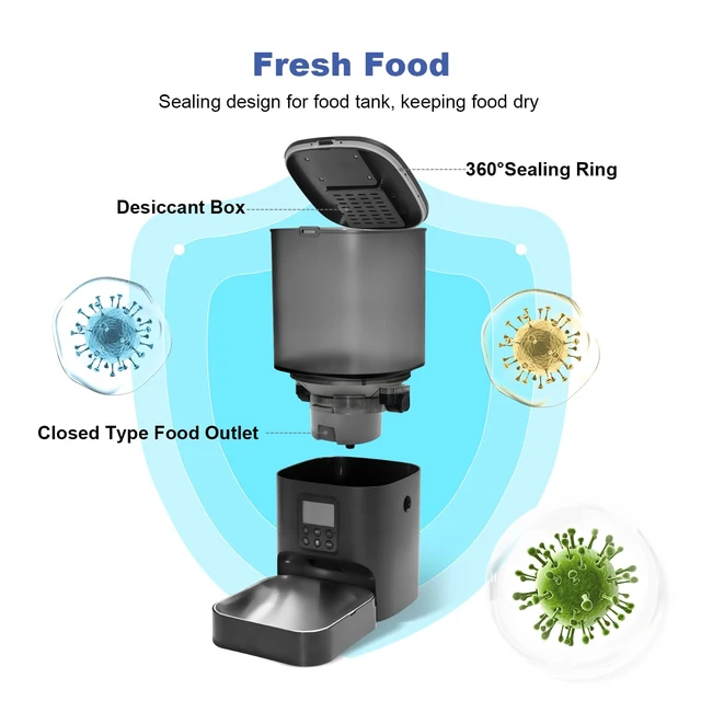 Alt view image 3 of 7 - Automatic Cat Feeder, Timed CatDog Dry Food Dispenser | 6L,Easy to Setup&Clean,Sealed Ring,10s Voice Recorder,8 Meals daily,Precise Portion,Dual Power Supply,Stainless Steel Tray