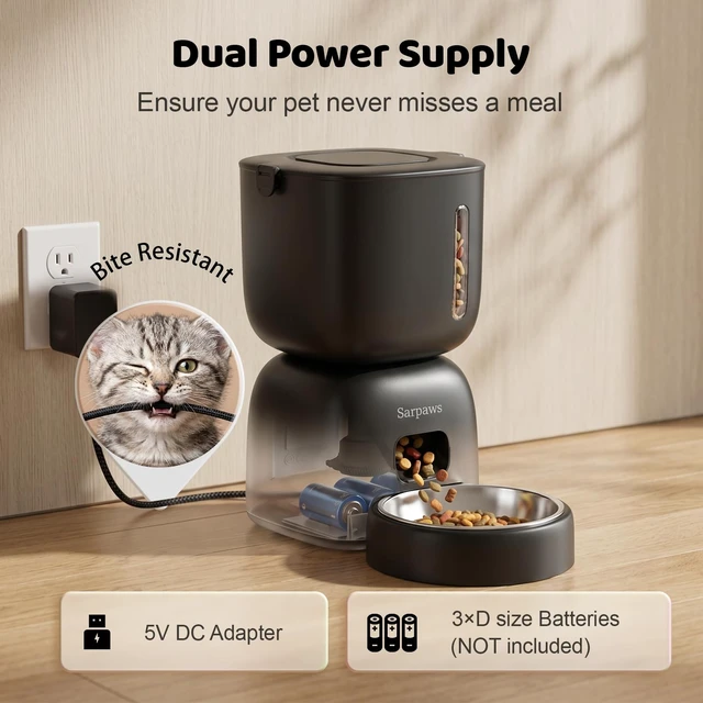 Alt view image 3 of 7 - Automatic Cat Feeder, 3L Timed Pet Food Dispenser with 304 Stainless Steel Bowl, 10s Voice Recorder, Dual Power 180-Day Battery Life, Anti-Clogging Auto Pet Feeder for Small Cats and Dogs