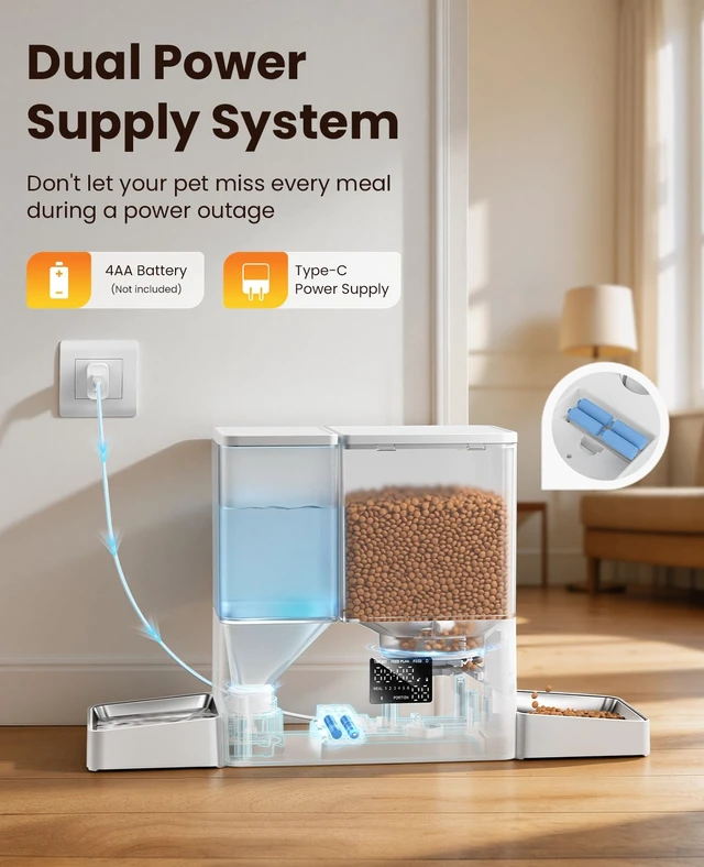 Alt view image 6 of 7 - Automatic Cat Feeder and Water Dispenser,8.5L Timed Cat Feeder | 2 in 1 Auto Cat Feeder with Gravity Water Dispenser,Large Capacity,Dual Power Supply for Indoor Cats, Kittens, Pets/White