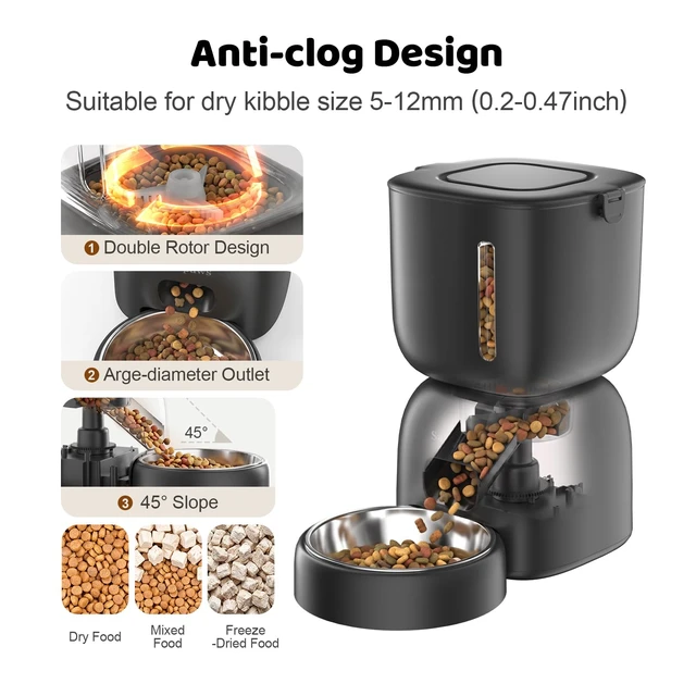 Alt view image 4 of 7 - Automatic Cat Feeder, 3L Timed Pet Food Dispenser with 304 Stainless Steel Bowl, 10s Voice Recorder, Dual Power 180-Day Battery Life, Anti-Clogging Auto Pet Feeder for Small Cats and Dogs