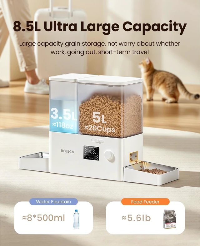 Alt view image 3 of 7 - Automatic Cat Feeder and Water Dispenser,8.5L Timed Cat Feeder | 2 in 1 Auto Cat Feeder with Gravity Water Dispenser,Large Capacity,Dual Power Supply for Indoor Cats, Kittens, Pets/White