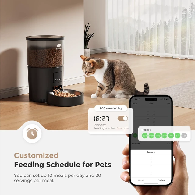 Alt view image 4 of 7 - Automatic Cat Feeder, 5G WiFi Food Dispenser with APP Remote Control, Pet Dry Food Smart Feeder, Programmable Timed Feeding, Dual Power Supply, 1-10 Meals, Desiccant Bag, Stainless Steel Bowl