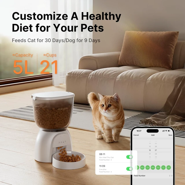 Alt view image 3 of 7 - Automatic Cat Feeder with WiFi, Timed Cat Dry Food Dispenser for Cats Dog | 5G&2.4Ghz App Remote Control, 5L Capacity, Dual Power Supply, 10 Meals 1-15 Portion Programmable with Stainless Steel Bowl